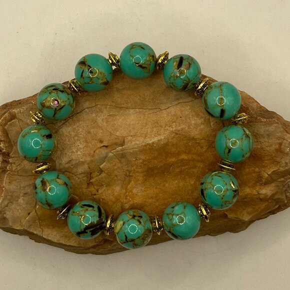 Sea Shell Turquoise 12mm Beads Beaded Stretchy Bracelet NEW - Picture 8 of 11